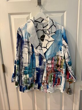 Lemon Grass Watercolor Buildings Reversible Art To Wear Jacket sz L NWT